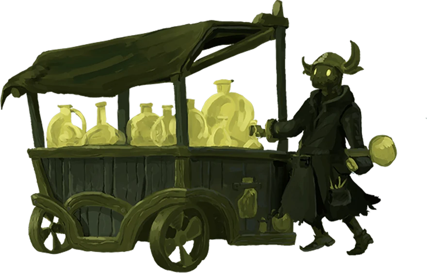 The Wandering Alchemist beside her cart of glowing flasks