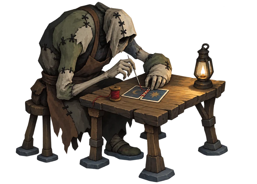 The Stitcher sewing cards together at a lamplit workbench