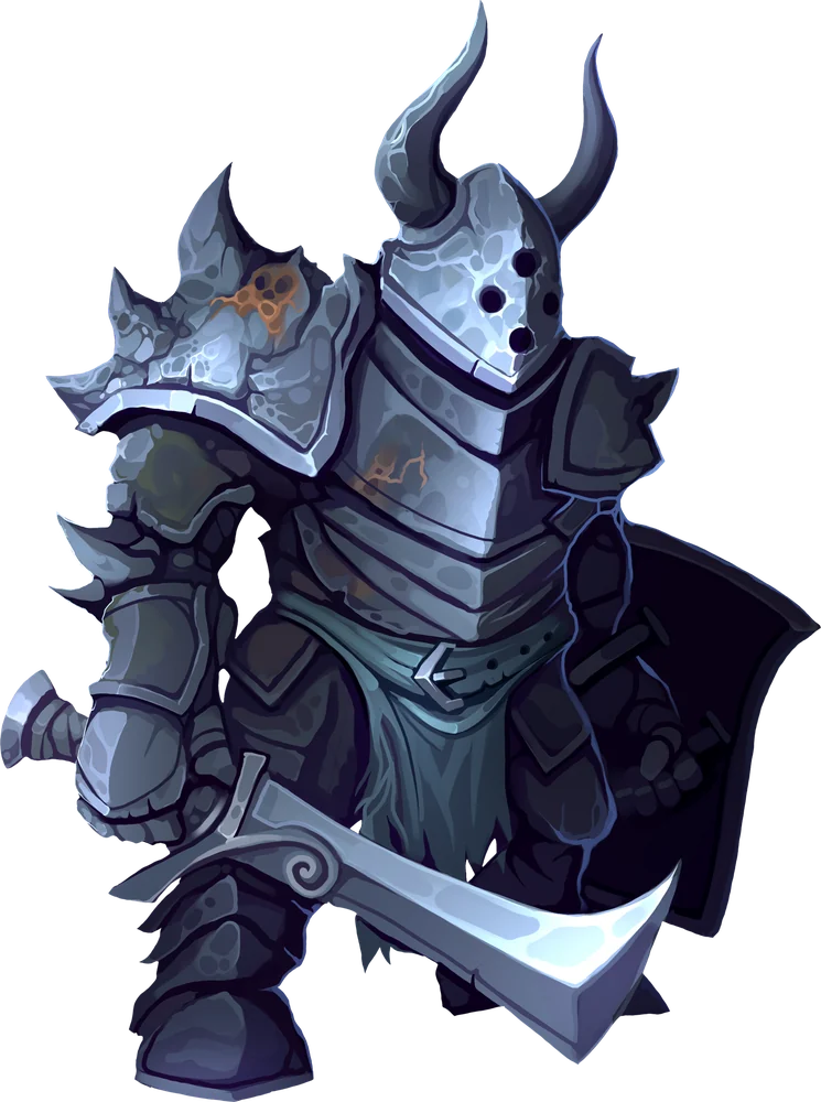 The Berserker, a horned knight in dark plate armor with a curved blade and shield