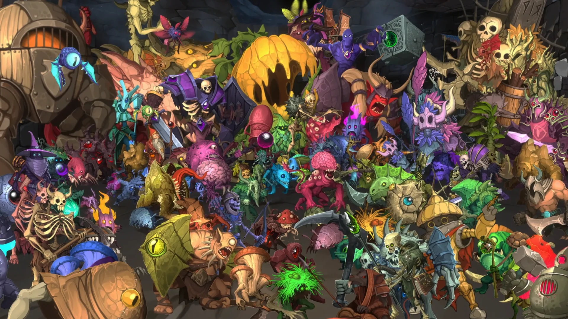 A packed crowd of the crypt's monsters: pumpkin brutes, armored knights, skeletons, mushrooms and many-eyed beasts