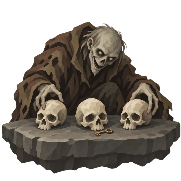 A ghoul behind three skulls and a key